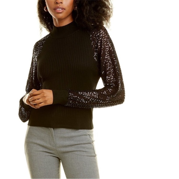🔥NWOT Saks 5th Avenue - Joseph A Black Mock Neck Sweater w Sequin Sleeves - XL - Picture 3 of 12